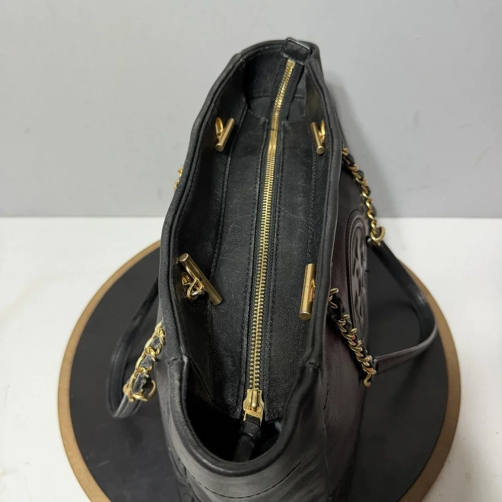Tory Burch Tote Bag Womens Large Black Leather Chain Strap Purse Quilted Logo